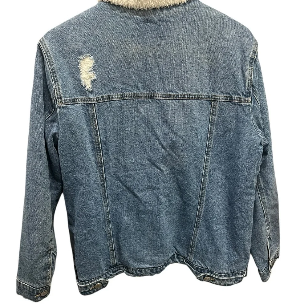 Refuge Women's Large Denim Distressed Jacket Button Up Fleece Lined Long Sleeve